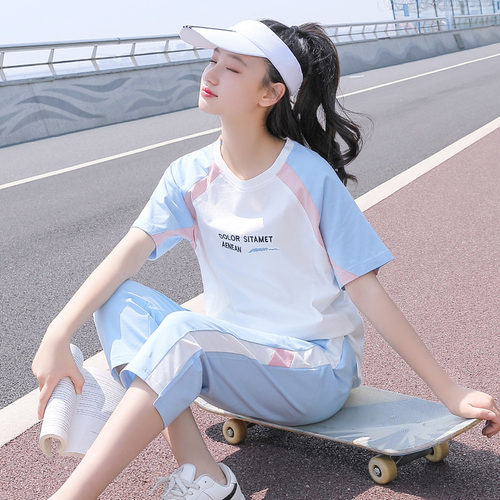 女夏短款休闲宽松少女运动服t恤