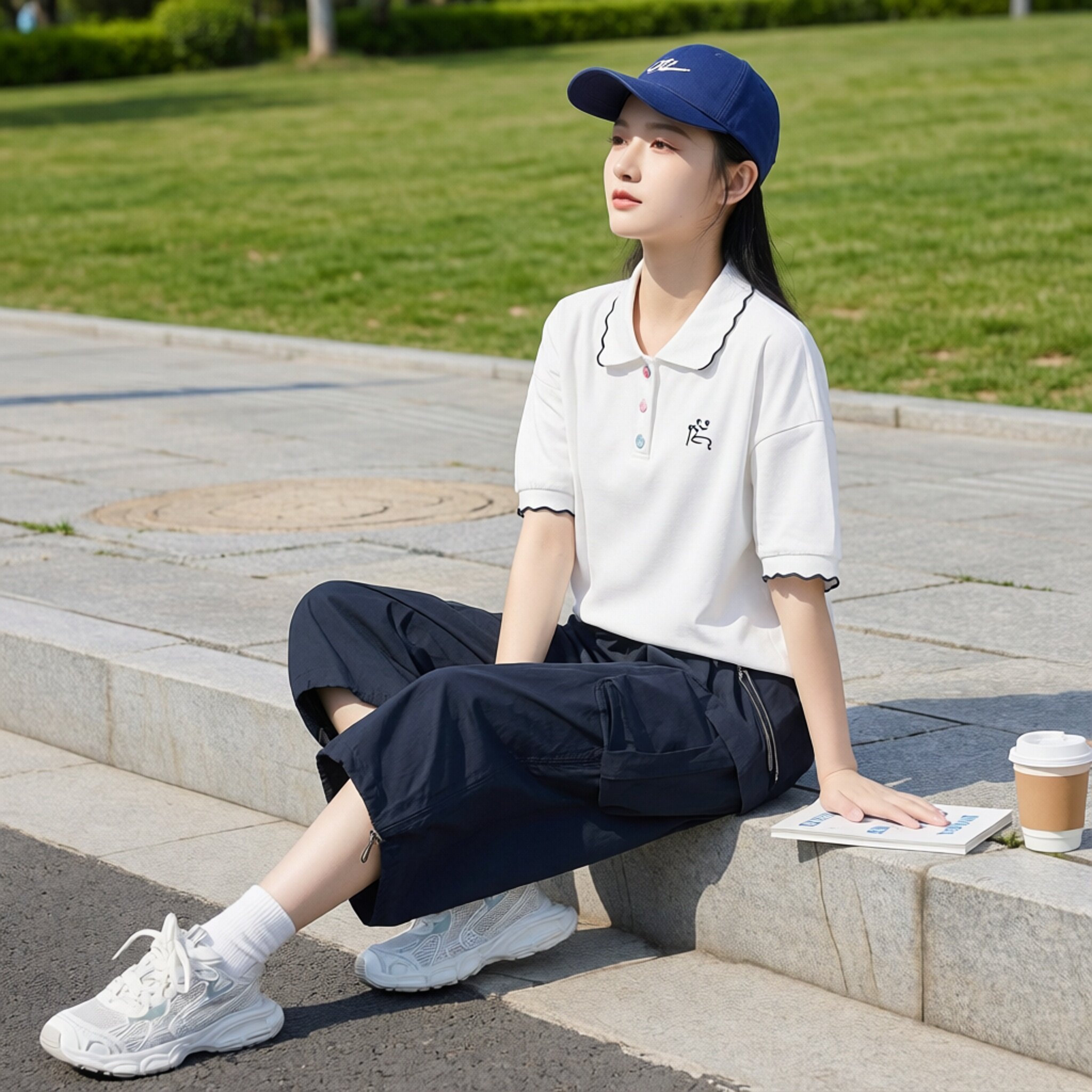 学院风POLO领刺绣T恤女上衣图片