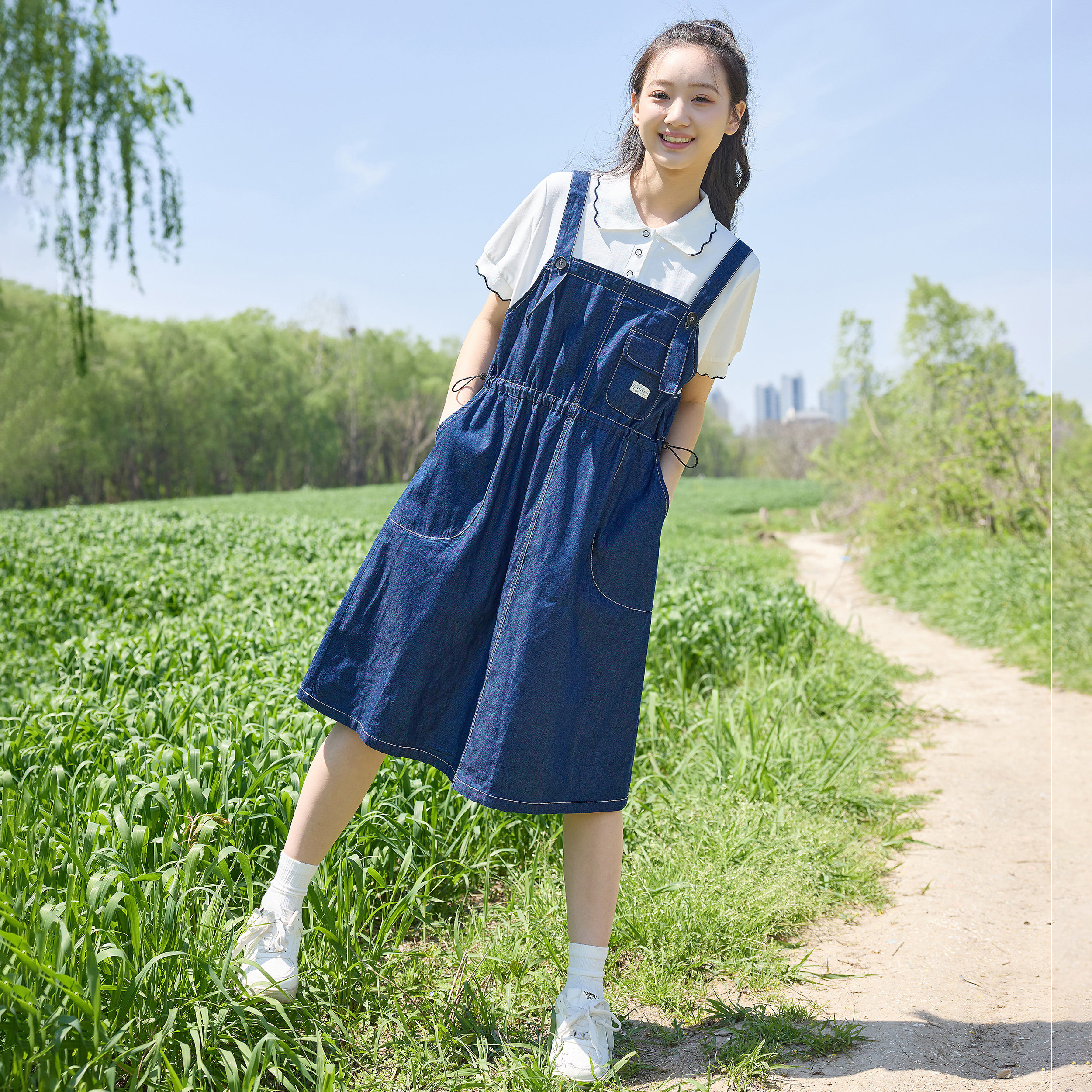 雪诗恋学院风牛仔背带连衣裙初中生女假两件翻领短袖大童洋气裙子