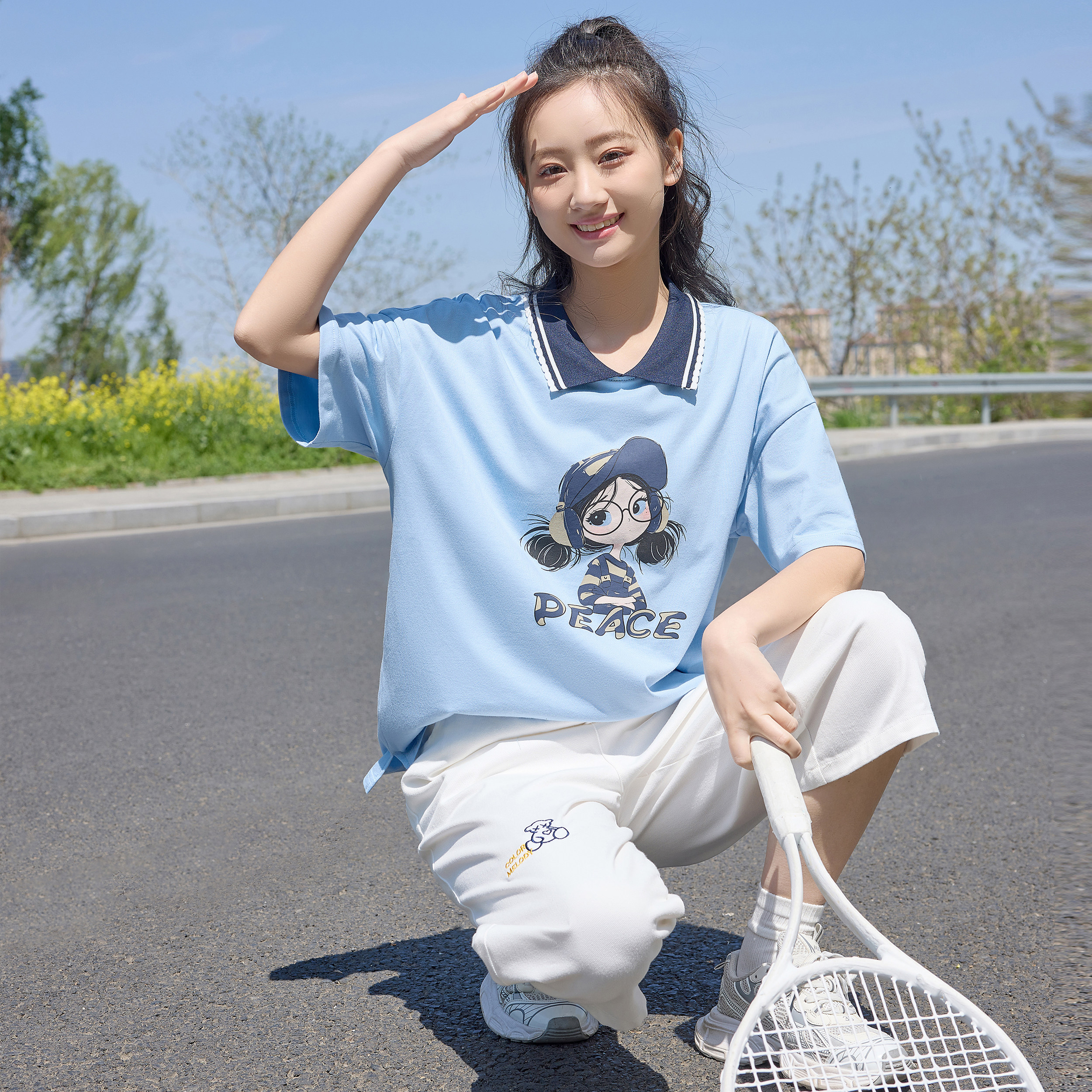 雪诗恋初中生夏装少女休闲运动两件套中大童短袖七分裤纯棉两件套