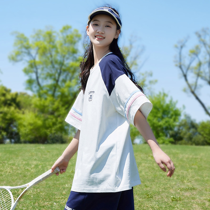 宽松休闲短袖t恤初中生少女夏装新品拼接半袖纯棉绣花运动上衣潮