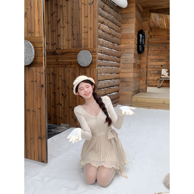 项天鹅er 针织连衣裙2025冬季新款V领拼接收腰a字裙长袖气质裙子