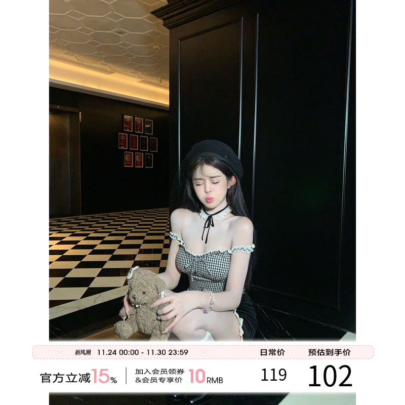 项天鹅er 辣妹穿搭套装女2025早秋格纹抹胸吊带上衣半身裙两件套