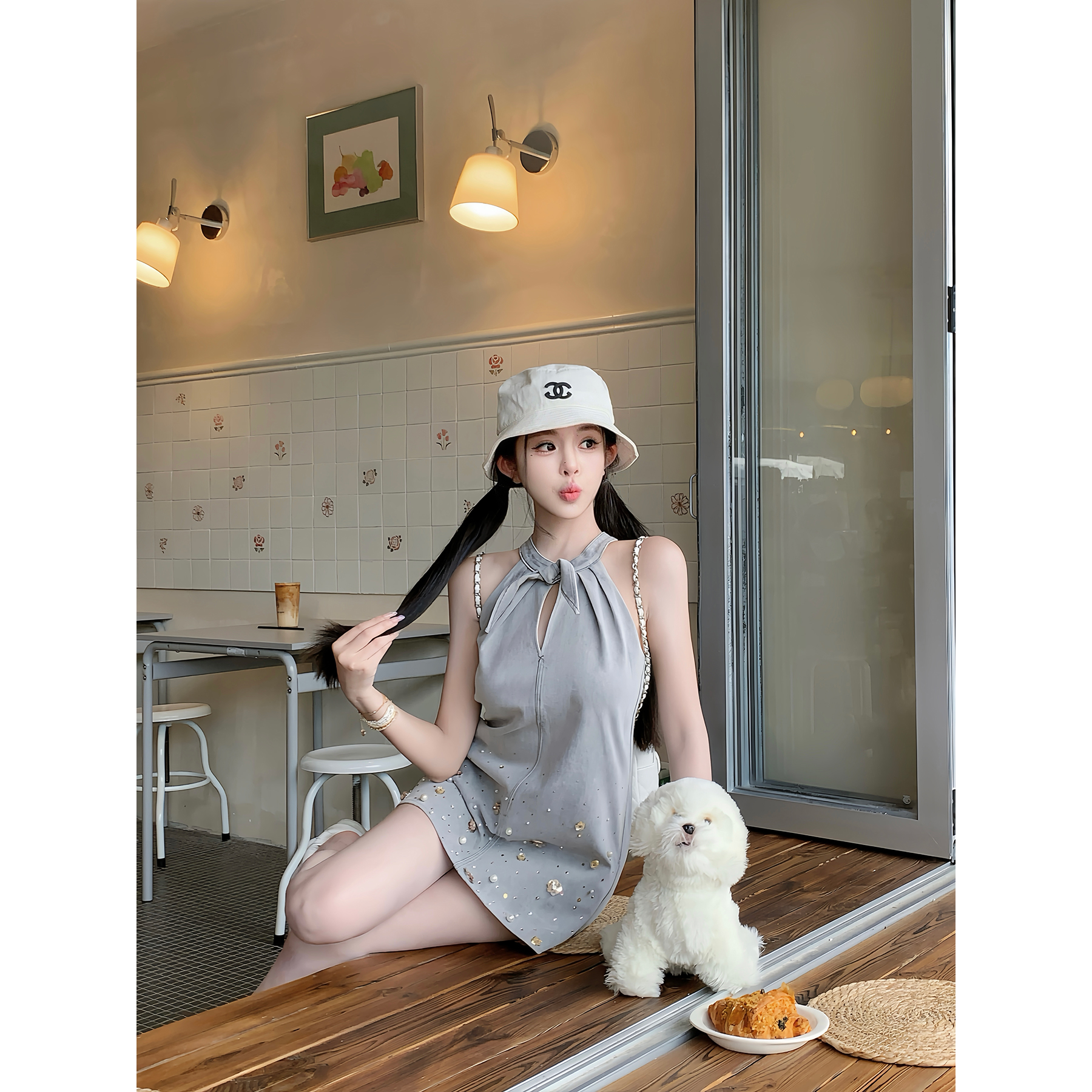 项天鹅er 挂脖连衣裙女2025夏季纯欲牛仔短裙宽松高级感无袖裙子