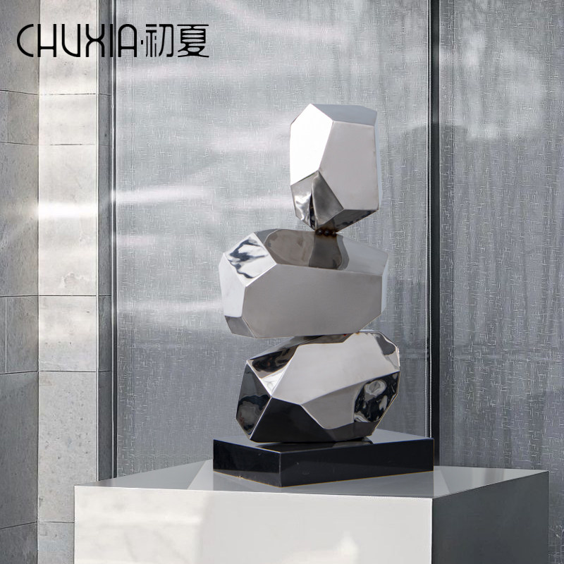 抽象不锈钢石头堆叠雕塑现代简约艺术样板房酒店售楼处装饰品摆件
