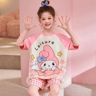 2025新款睡衣女童夏季薄款短袖纯棉儿童套装可爱圆领女孩家居服