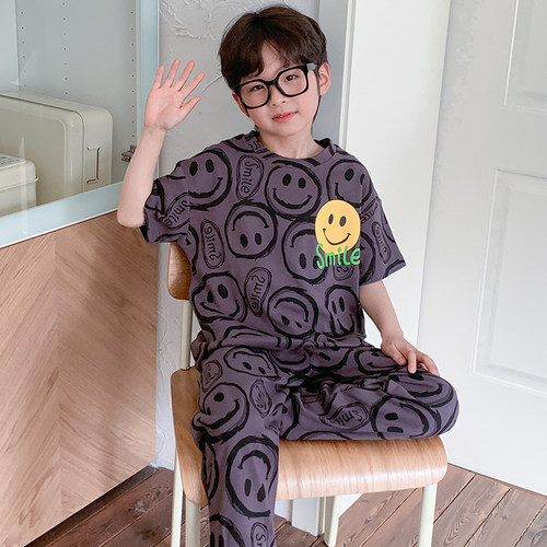 男童睡衣儿童夏季新款短袖长裤笑脸卡通可爱青少年纯棉家居服套装