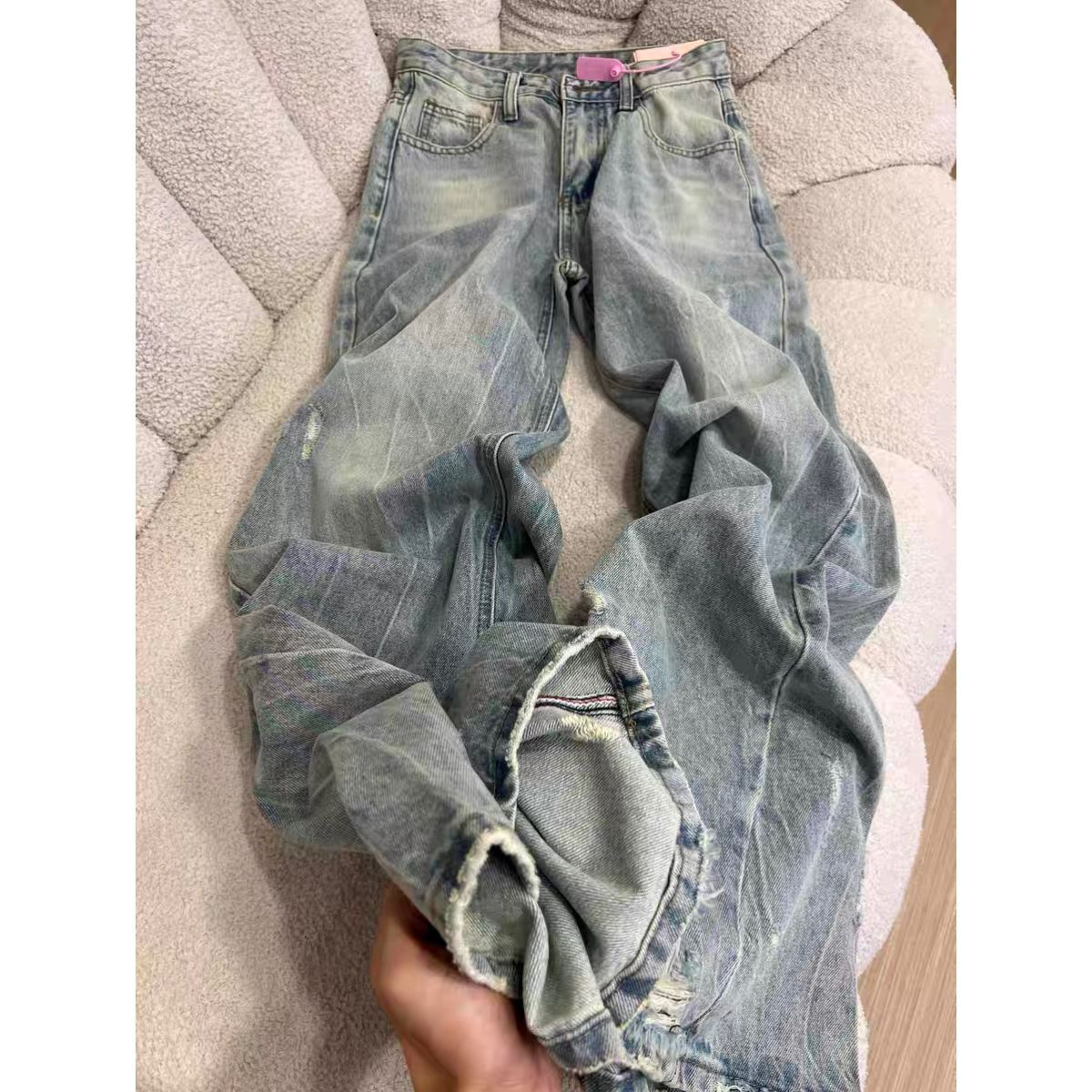 高个子加长美式磨破复古阔腿宽松牛仔裤女新款水洗破洞拖地裤子潮