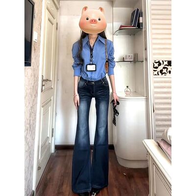 加绒加厚美式复古低腰微喇牛仔裤新款辣妹修身显瘦马蹄弹力喇叭裤