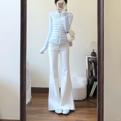 白色加绒加厚不贴腿微喇牛仔裤女秋冬新款设计感宽松阔腿喇叭裤子