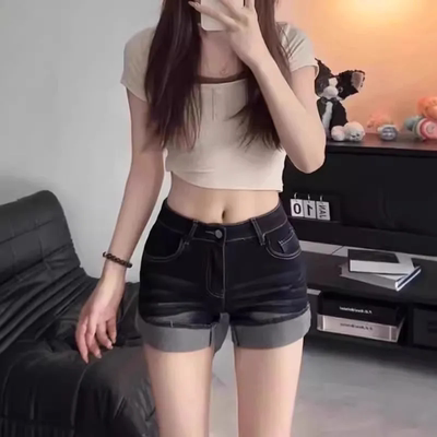 小个子美式辣妹高腰性感超短裤牛仔裤女夏季深蓝色设计感卷边热裤