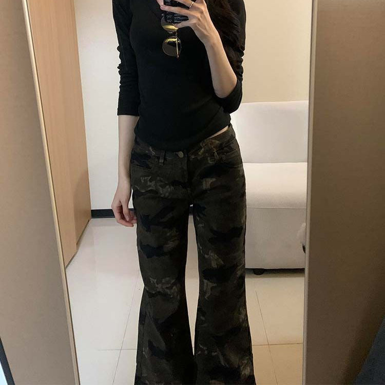 复古迷彩微喇高腰牛仔裤女韩版秋冬新款辣妹ins潮显瘦美式喇叭裤