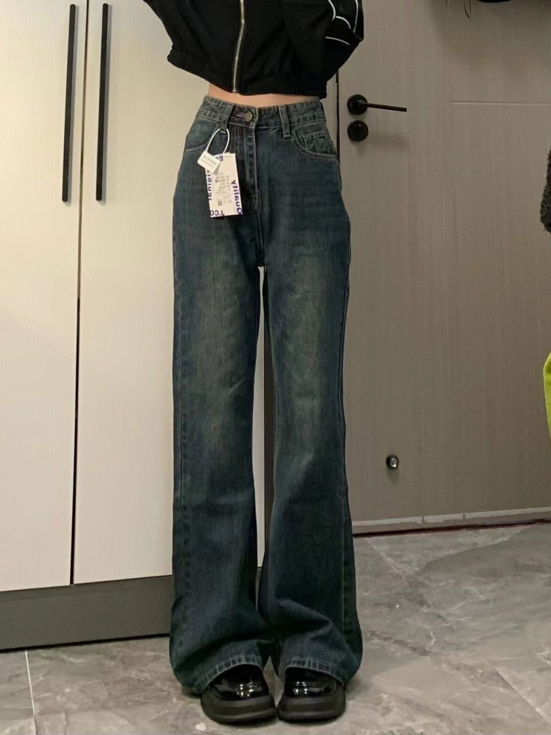 韩版复古休闲高腰牛仔裤女2024春夏新款宽松显瘦微喇阔腿拖地裤子图片