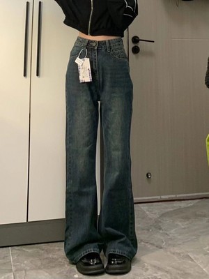 韩版复古休闲高腰牛仔裤女2024春夏新款宽松显瘦微喇阔腿拖地裤子