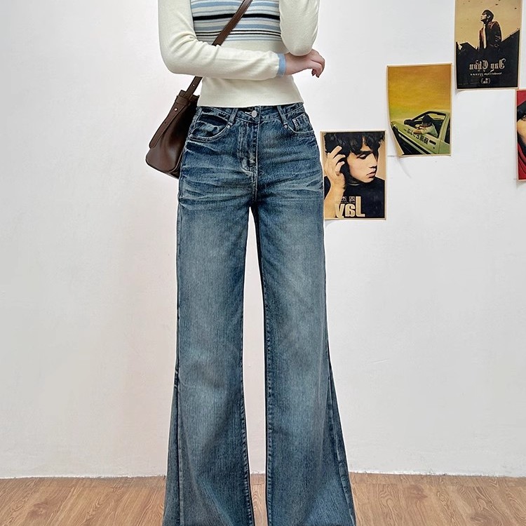 复古蓝微喇牛仔裤女2025年春秋新款水洗低腰宽松显瘦拖地喇叭裤子