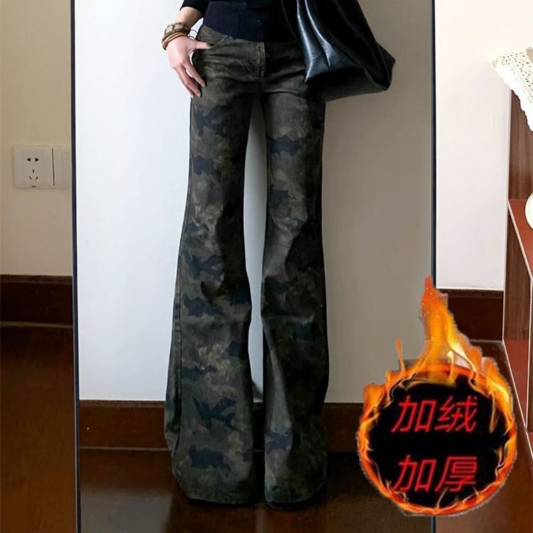 加绒加厚复古水洗迷彩高腰微喇牛仔裤女夏季辣妹不贴腿喇叭长裤子
