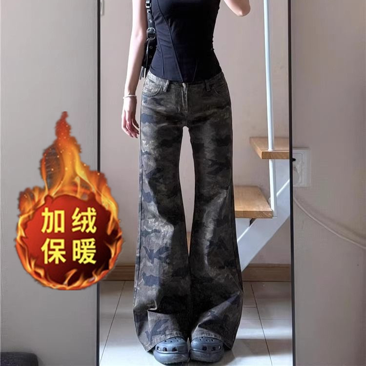 加绒加厚微喇叭显瘦迷彩牛仔裤女秋冬美式复古新款直筒马蹄拖地裤