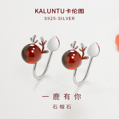 红色石榴石耳夹女无耳洞小鹿耳钉新年喜庆无痛耳饰耳骨夹纯银耳环
