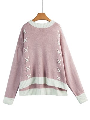 交叉韩版套头学生宽松拼色薄毛衣
