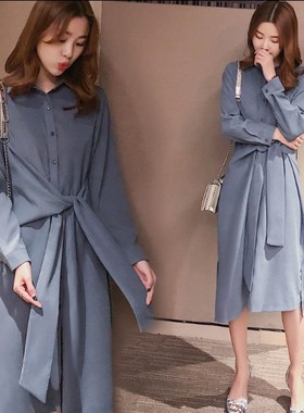 春装新款纯色百搭时尚个性简约宽松系带衬衫连衣裙33088M/4878QT