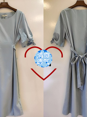 外贸单品UTB森女系列粉蓝色系带麻棉全身裙0190320