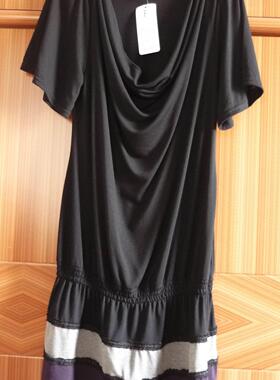 瑞丽推荐层层皱园领拼色黑色连衣裙 #0500