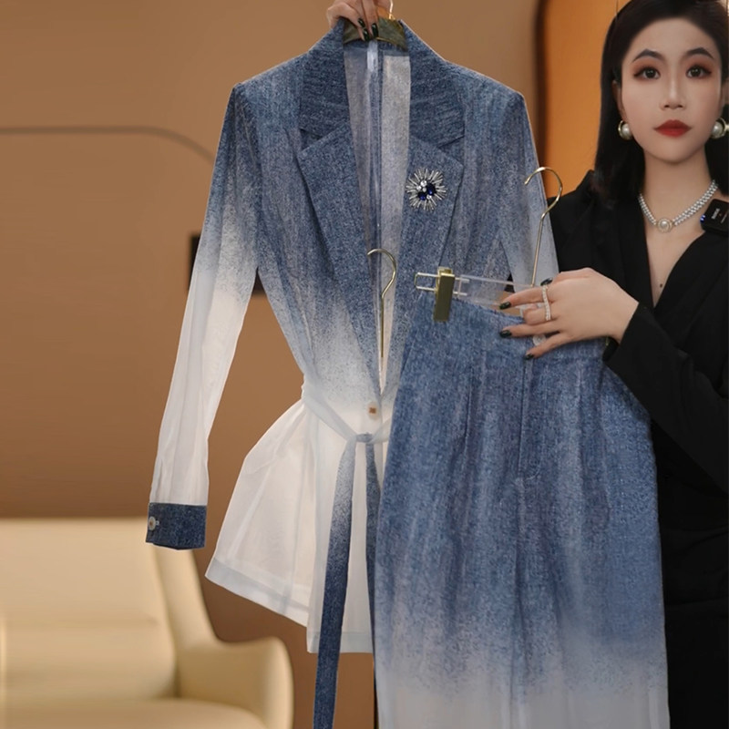 2025夏季新款时尚渐变色西装领防晒服套装女中长款上衣直筒裤整套