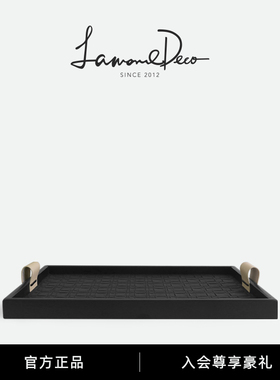 纳茉|LD轻奢首饰玄关托盘中古高级感黑色皮革香薰收纳盘客厅茶几