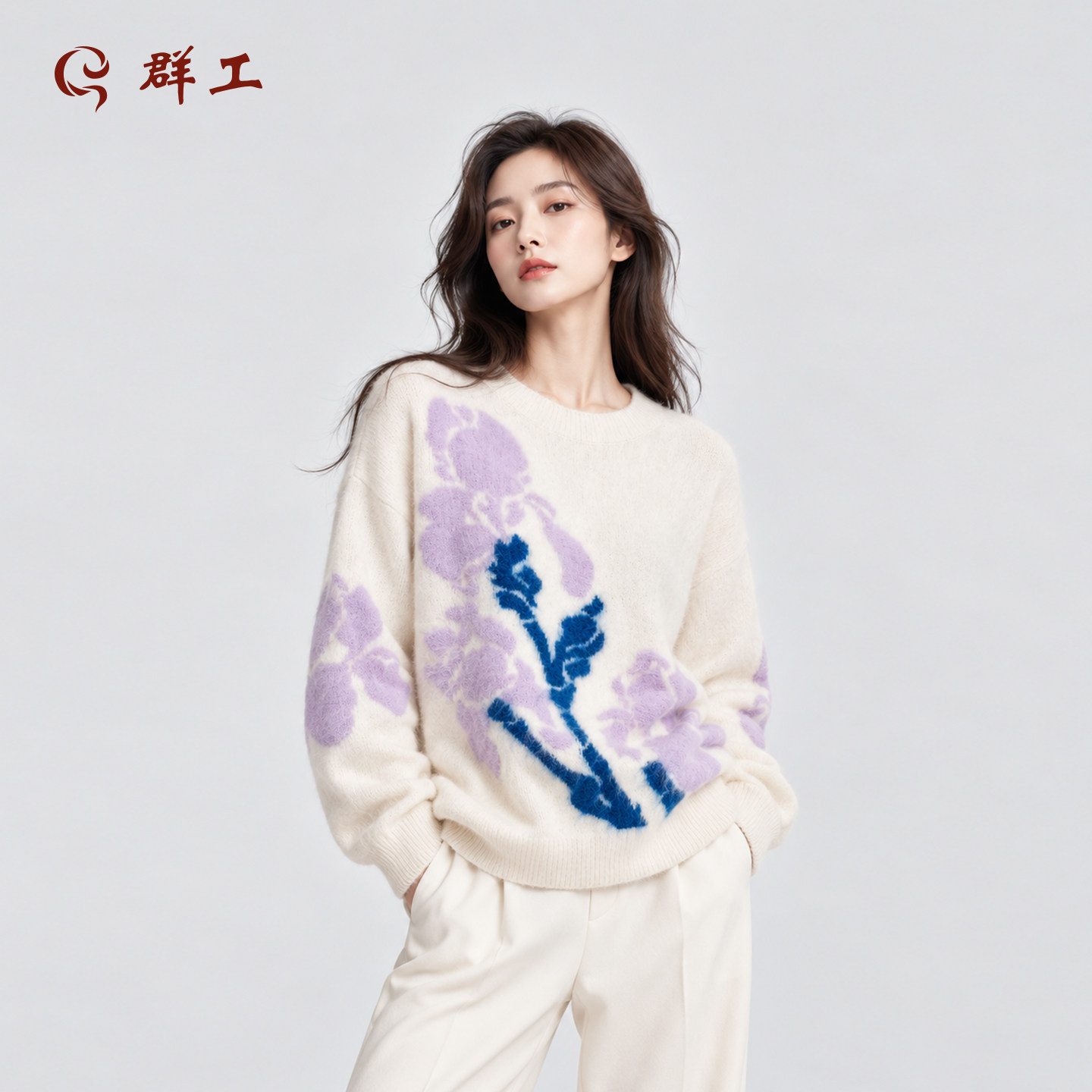 群工花朵印花羊绒衫女圆领套头针织衫秋冬穿搭长袖休闲秋冬款女款