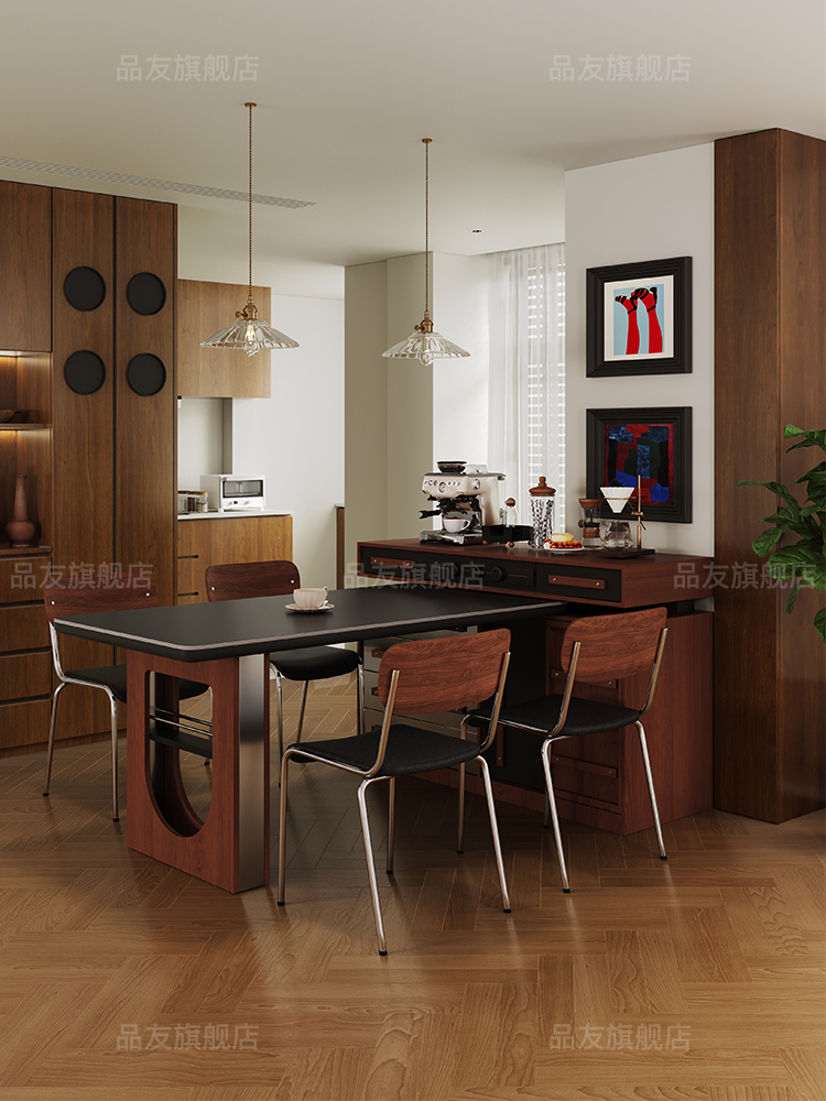 品友可旋转岛台餐桌一体伸缩中古包豪斯多功能开放式岩板实木吧台