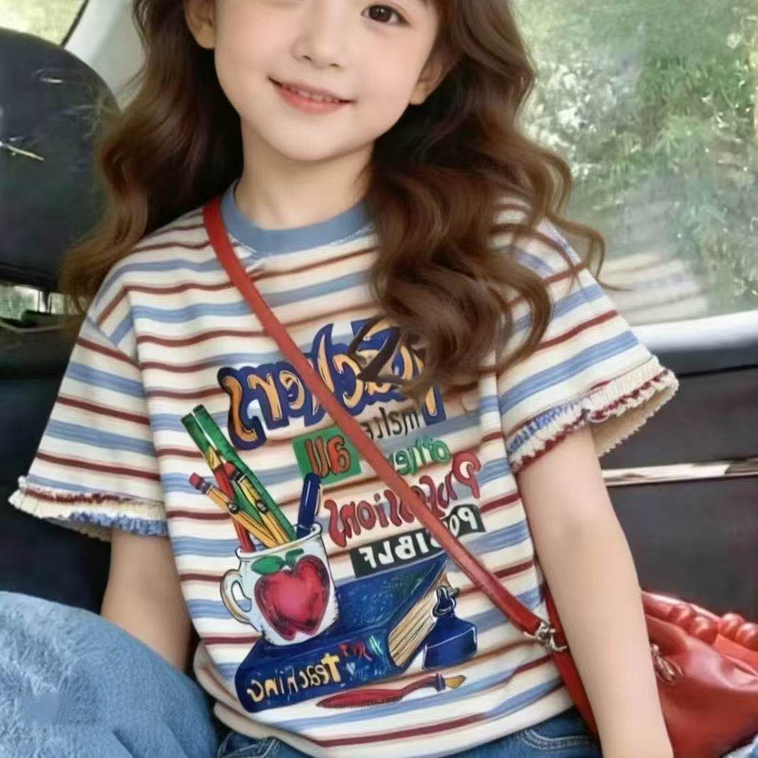 新款纯棉宝宝条纹短袖T恤女童圆领宽松休闲学院风卡通百搭上衣夏