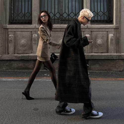 中长款秋冬格纹毛呢大衣