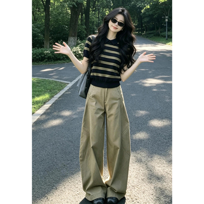 韩系巨好看ootd穿搭一整套2026新款条纹短袖T恤女夏季阔腿裤套装