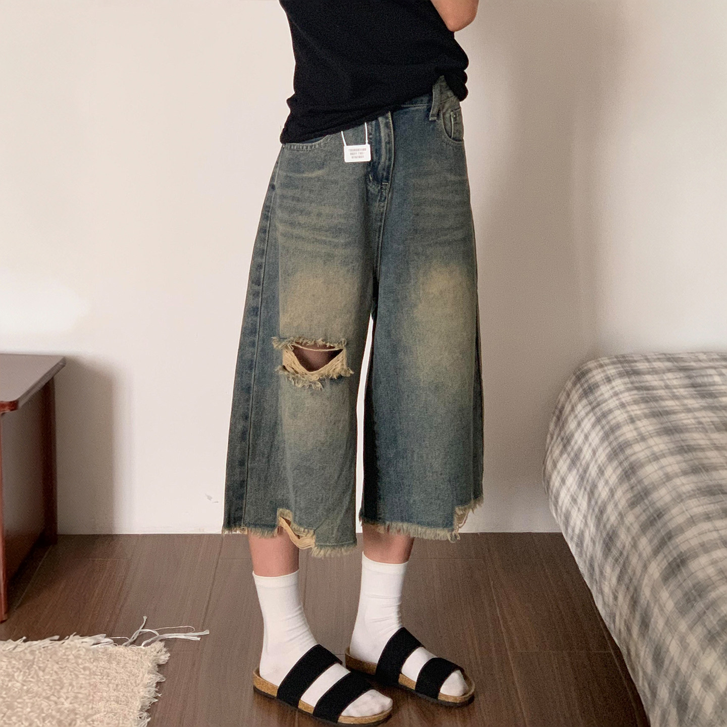 美式高街破洞牛仔七分裤女夏季新款高腰宽松显瘦毛边直筒阔腿中裤