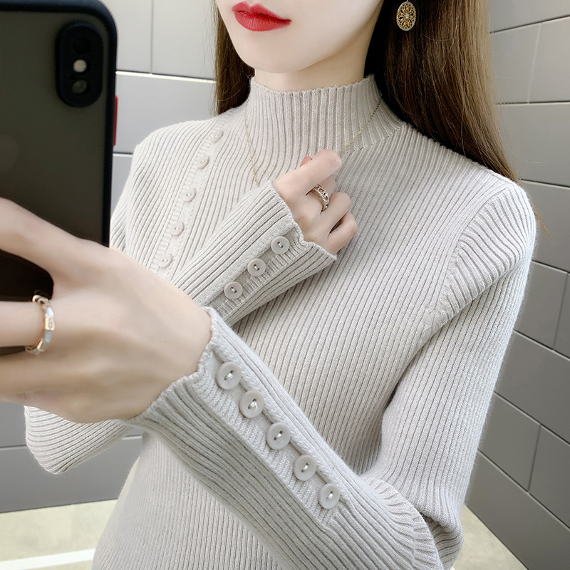 秋冬新款纯色修身显瘦纽扣打底衫