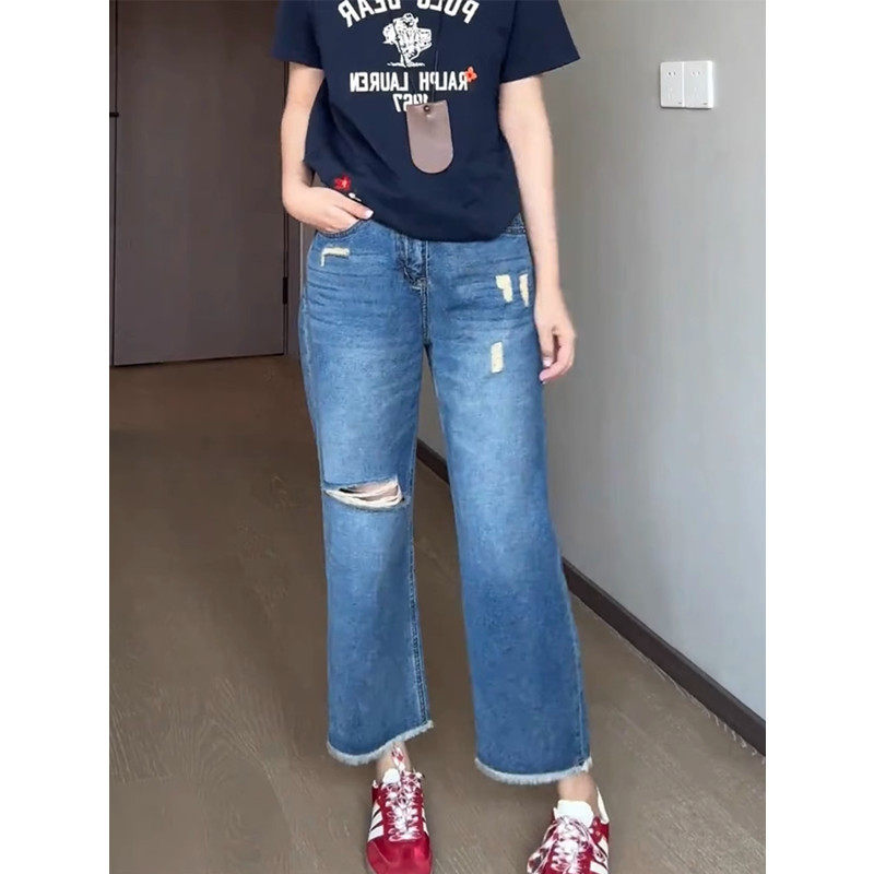 美式破洞毛边阔腿牛仔裤女夏季胖mm大码宽松显瘦小个子九分直筒裤