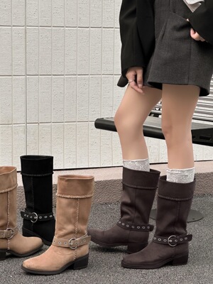 2025秋冬新款复古棕色粗跟西部靴宽筒中筒靴尖头绒面短靴女68065