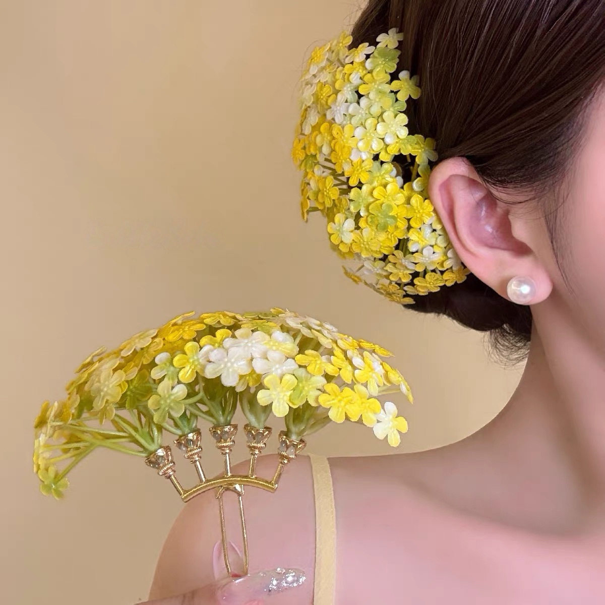 晴日花园 2026新款氛围感黄色花朵发簪女古风旗袍头花度假风发饰图片