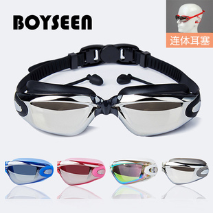 新款 电镀防水防雾平光女士粉色近视游泳镜 连体耳塞亚马逊爆款