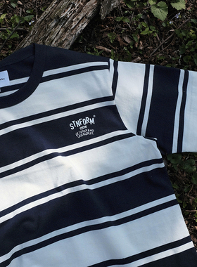 Somethnework 日系情侣条纹宽松cityboy夏季山系圆领短袖T恤男女