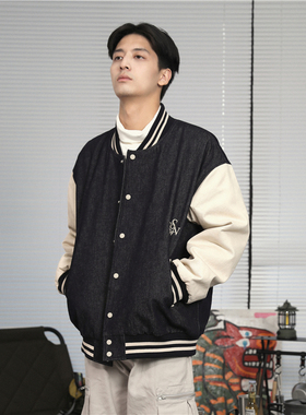 Somethnework STN日系美式复古撞色牛仔拼接棒球服夹克加棉外套