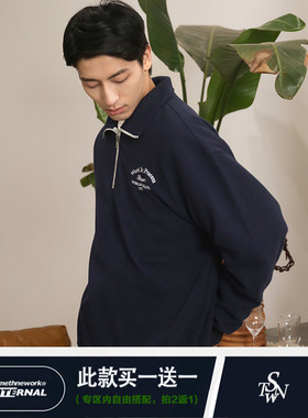 STN 原创设计 春季美式复古华夫格情侣POLO领半拉链卫衣男女外穿