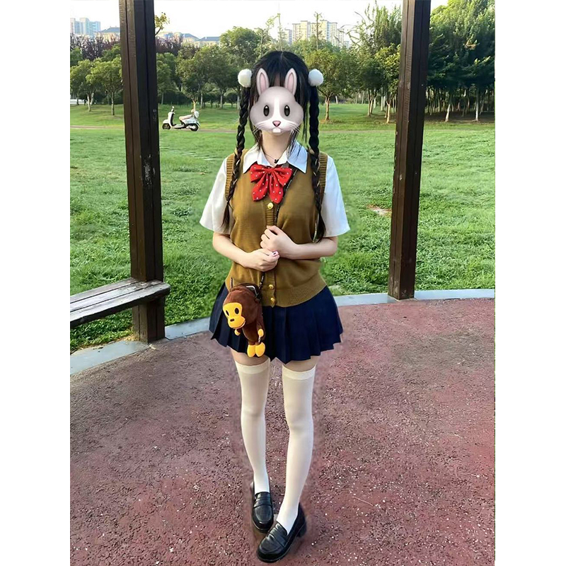 JK制服棕色开衫背心马甲夏季款叠穿短袖上衣衬衫百搭绀JK短裙套装