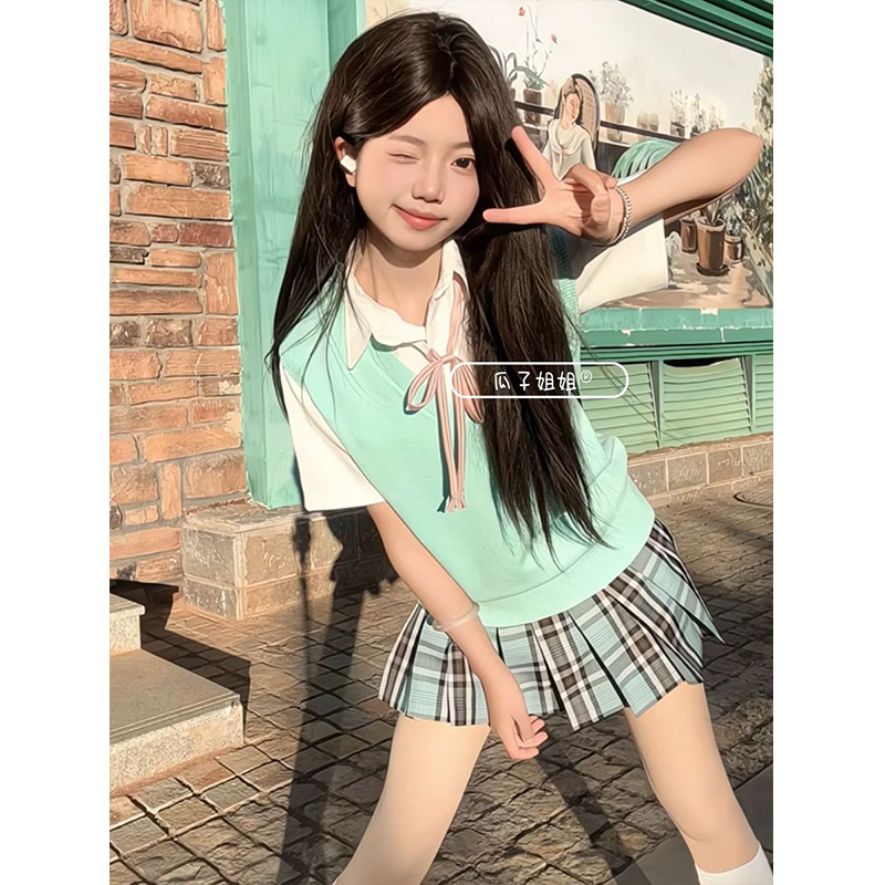 学院风原创 jk制服V领背心针织马甲叠穿衬衫短袖宽松校供感两件套