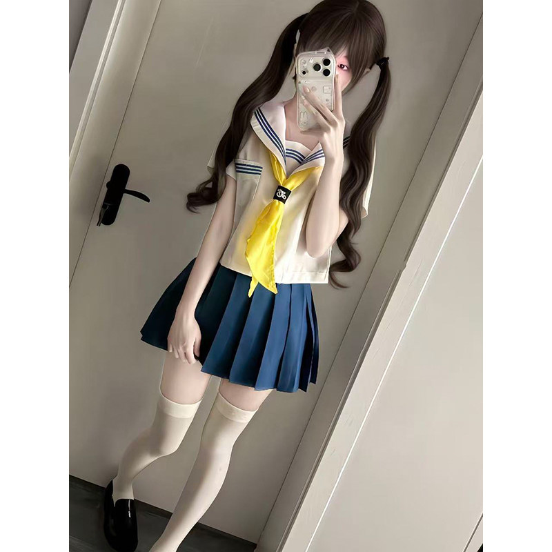 学院风JK制服穿搭白领蓝三本短袖水手服搭配海蓝百褶裙软妹套装女