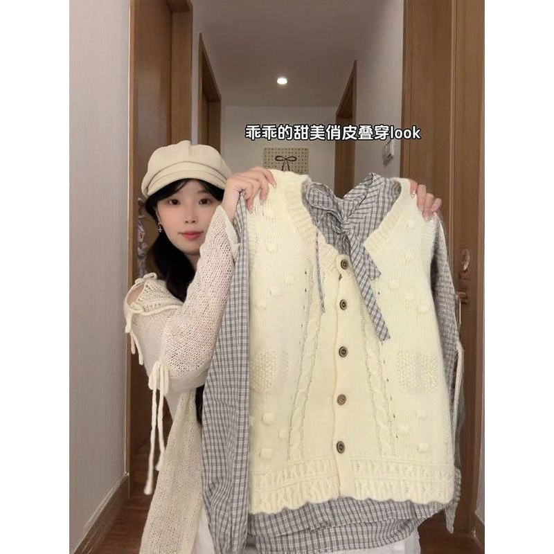 日系甜美俏皮少女针织背心马甲开衫秋季搭配系带格纹衬衫两件套装