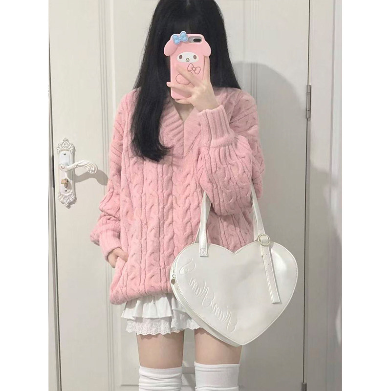 慵懒风复古软糯减龄百搭V领毛衣女学生秋冬韩版宽松针织衫上衣潮