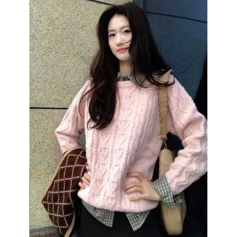 粉色麻花毛衣女秋冬新款宽松慵懒风软糯复古高级感上衣针织衫外套