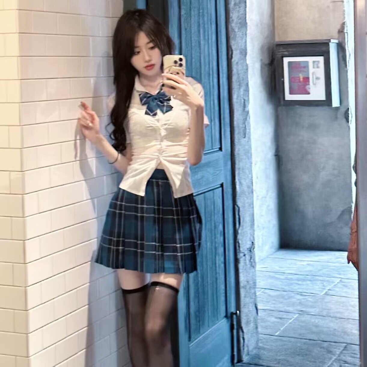 两件套装2023夏季新款小个子奶系穿搭白色泡泡袖衬衫+半身短裙女