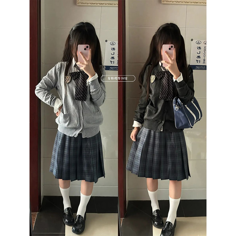 【秋冬季】原创JK制服针织开衫外套学院风穿搭叠穿海苔中裙JK套装